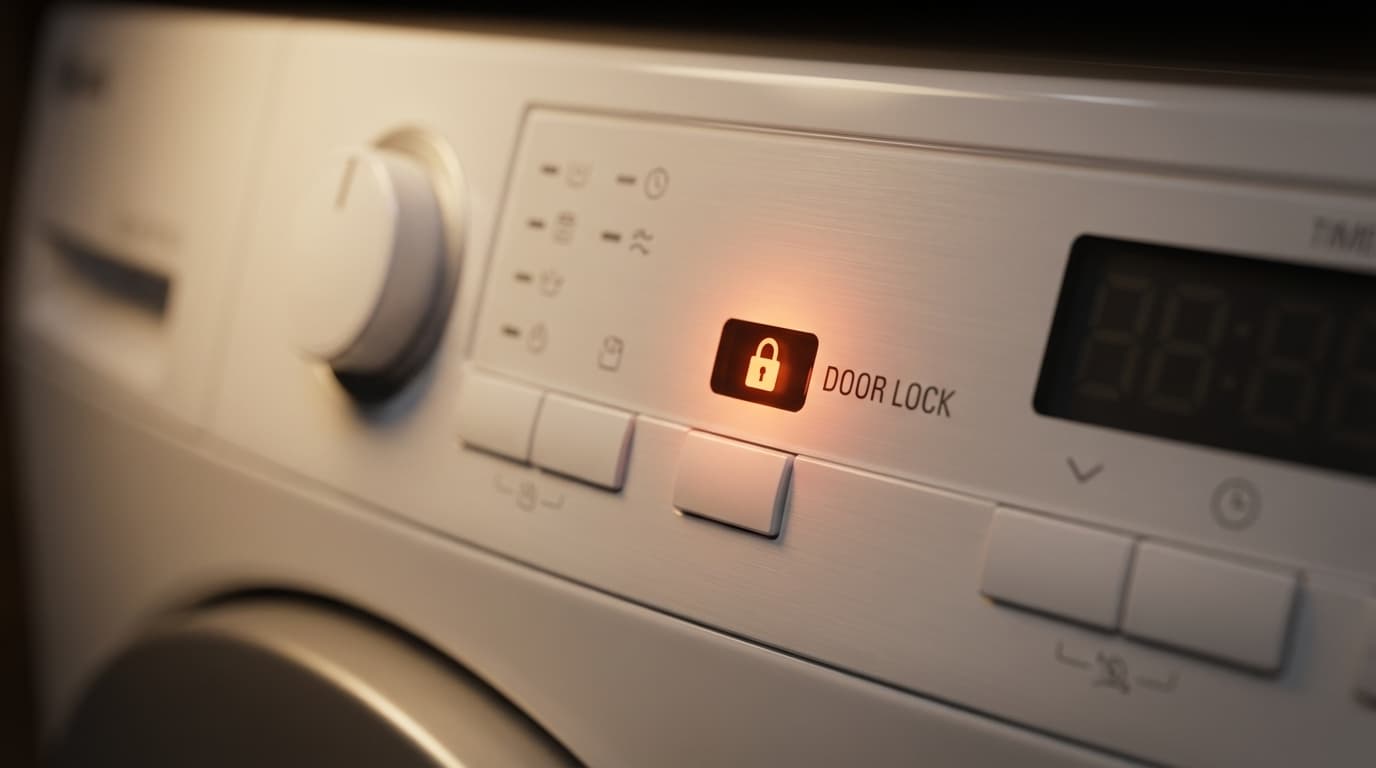 Рука пытается открыть заблокированную дверцу стиральной машины после стирки