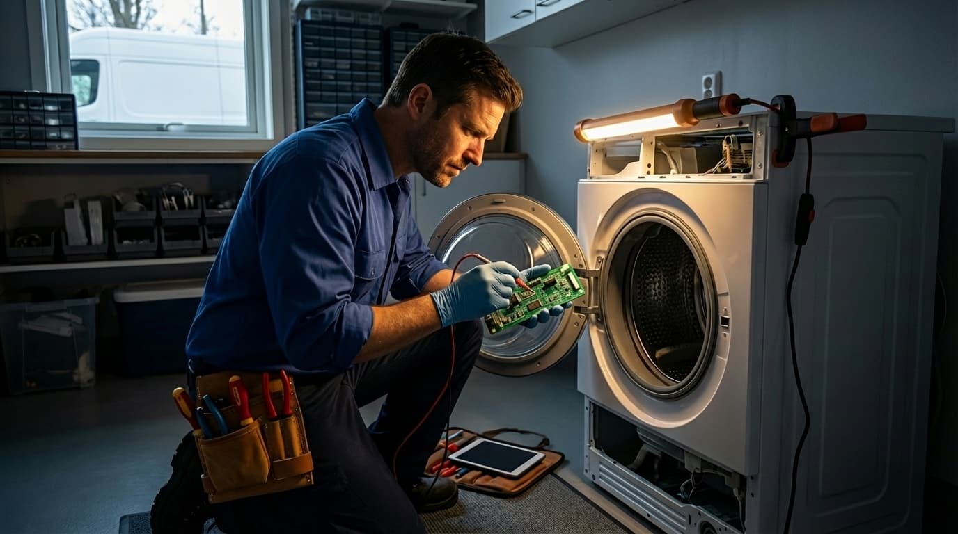 Мастер по ремонту стиральных машин устраняет сложную неисправность
