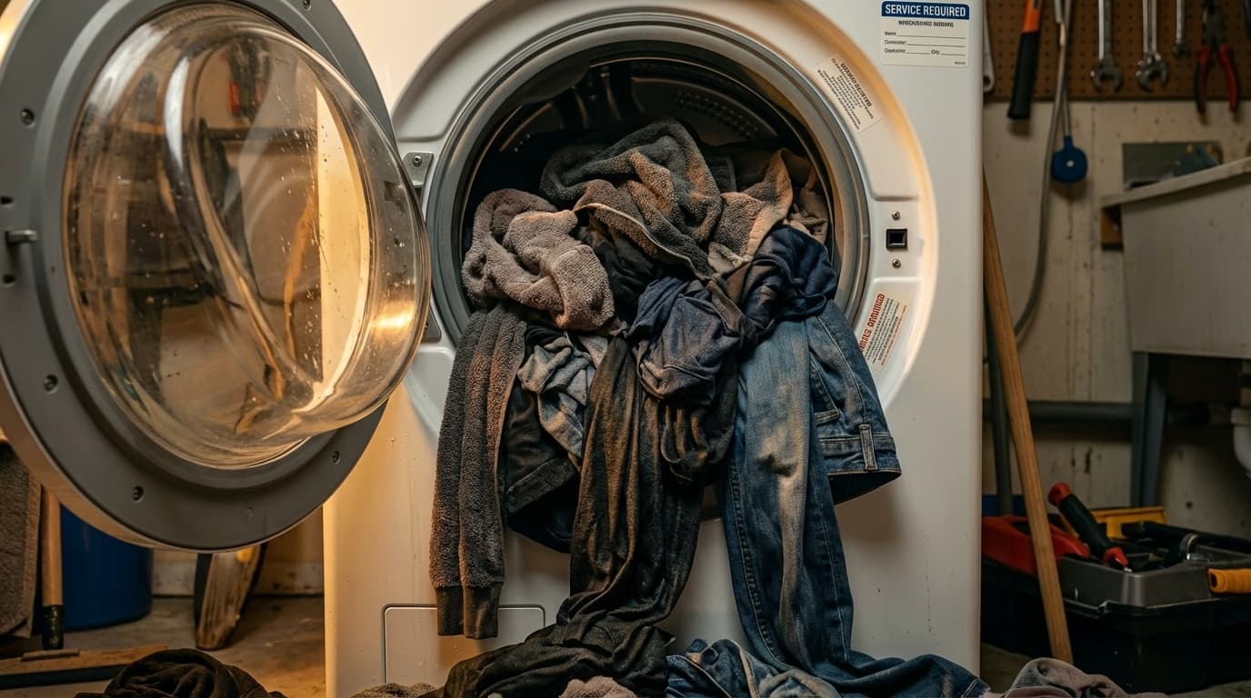 Пользователь проверяет стиральную машину на возможные ошибки и перегрузку.