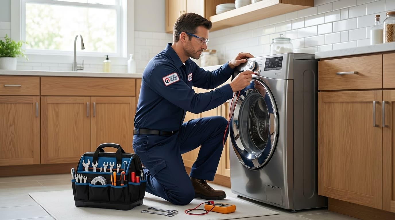 Мастер проверяет стиральную машину в сервисном центре